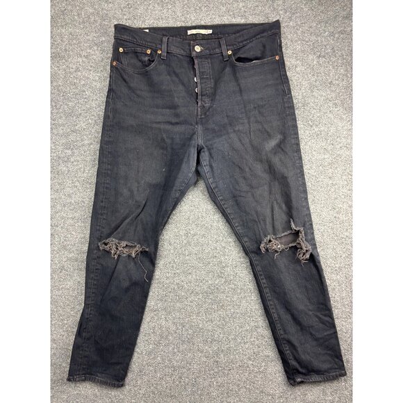Levis Premium Wedgie Jeans Womens 32 Black Distressed Ripped Button Fly Denim - Picture 1 of 11